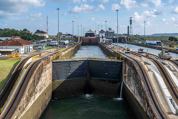 View looing back at Gatun locks as we sail to the Atlantic Ocean