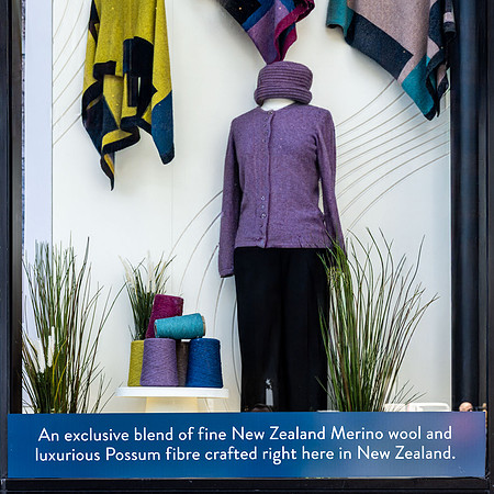 Local shops showing woollen products made of possum and merino fibres