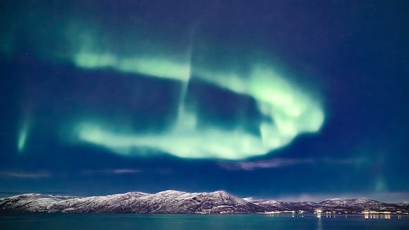 Aurora over Russeluft town, northern Norway