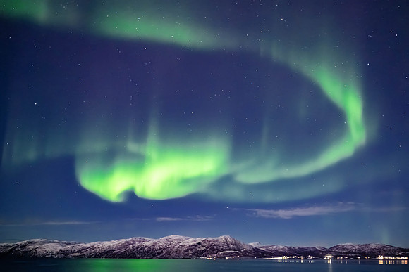 Aurora over Russeluft town, northern Norway