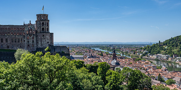 View of Heidelburg old town, Main River and castle from the ramparts.