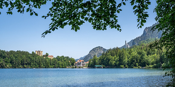 View of Neuschwanstein and Hohenschwangau Castles from Alpsee