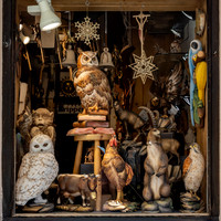 Wood carver's shop window
