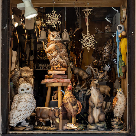 Wood carver's shop window