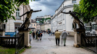 Hohensalzburg Fortress above the exit from Mirabell Gardens