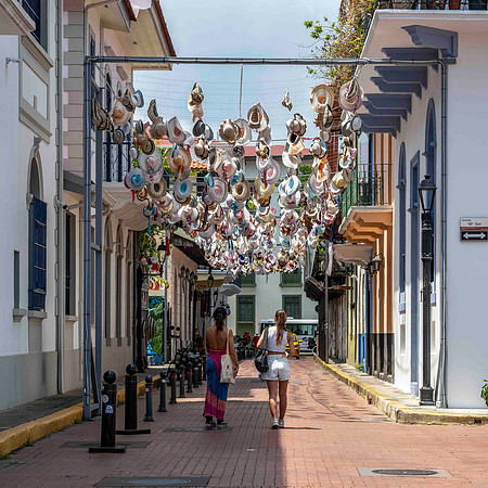 Hats strung between buildings in Casco Viejo (Old Panama)