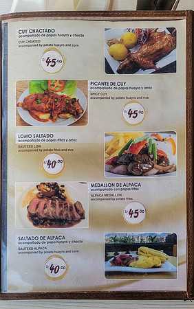 Local Menu with Guinea Pig and Alpaca